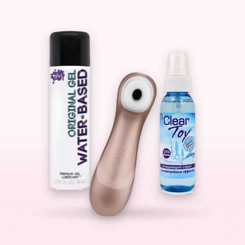 Набор «Старт для себя»: вакуумный стимулятор Satisfyer, смазка Wet Original на водной основе и очищающий спрей